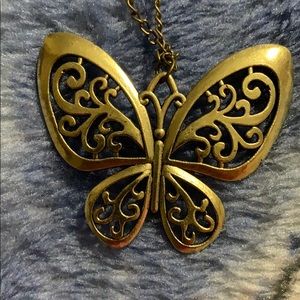 Butterfly necklace with long chain Antique looking